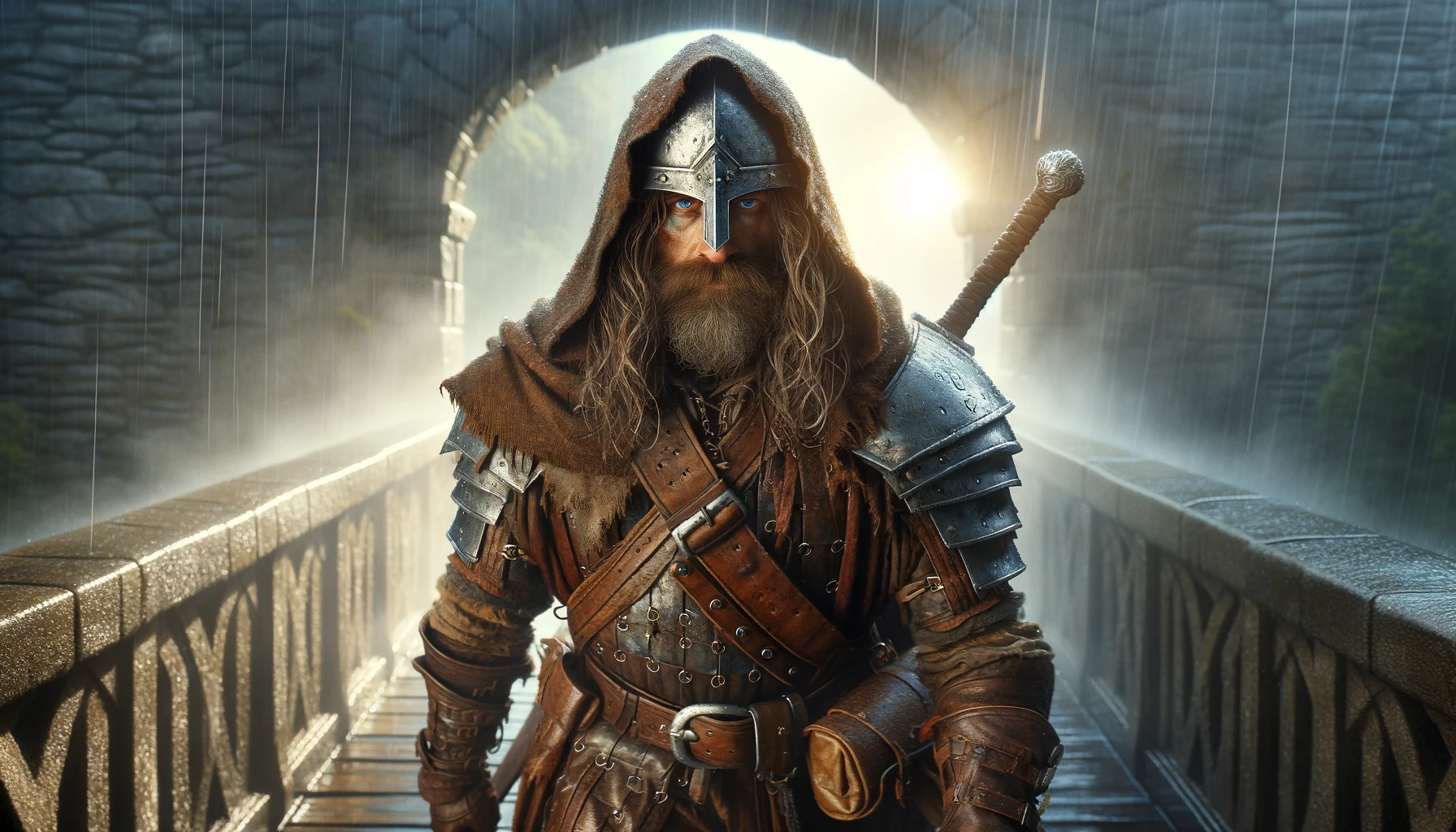 dall_e_2023-11-20_00.08.39_-_a_dutch-angle_view_photo_of_a_d_d_warrior_character_walking_towards_the_camera_on_a_stone_bridge_in_the_rain_with_sunbeams_everything_in_sharp_focus.png